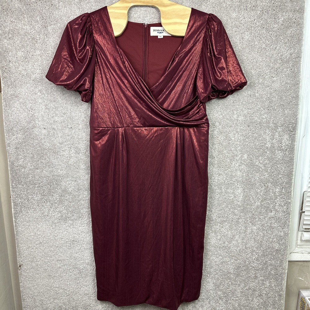 Jessakae Burgundy Puff Sleeve Midi‎ Shiny Wrapped Evening Party Dress 2X